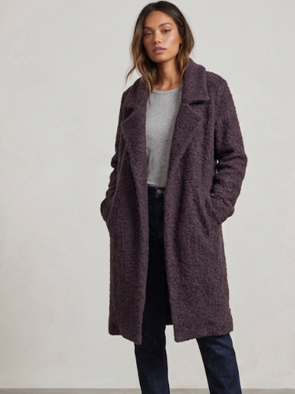 White + Warren Notched Collar Boucle Wool Alpaca Blend Longline Coat L Gray